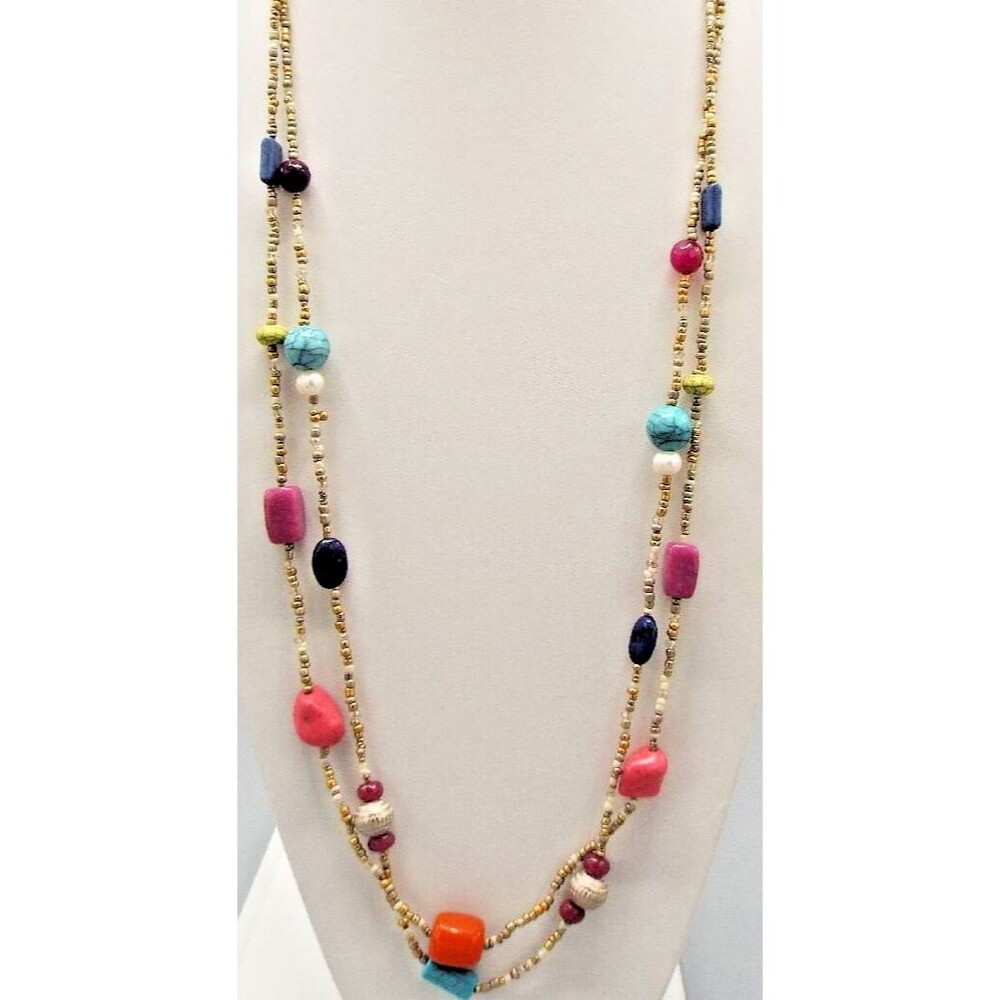 Chico's NWT Double Strand Colorful Colorblock Seed Bead Long 41.5" Necklace - Picture 5 of 8